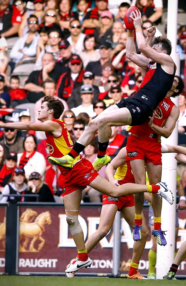 Bomber Brendon Goddard soars high above the pack. Picture: Wayne Ludbey