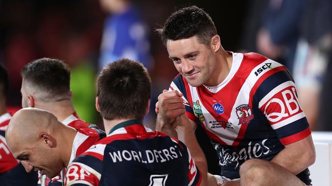 Cooper Cronk shared a moment with Luke Keary after the 2018 grand final. Picture: Mark Metcalfe/Getty Images