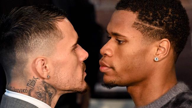 Australian fighter George Kambosos and Devin Haney stare each other down for more than 60 seconds. Picture: AFP