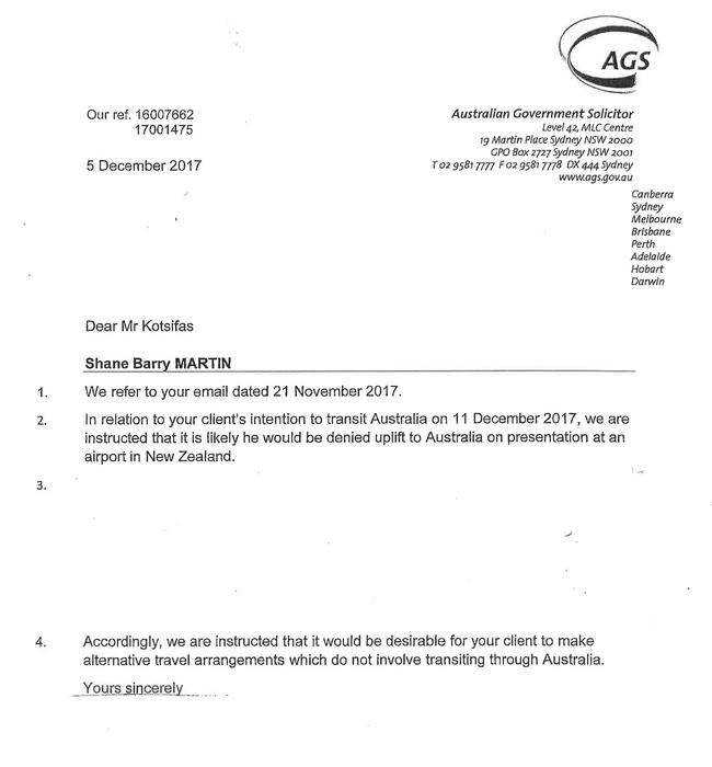 Letter to Shane Martin’s solicitor from Australian Government solicitors telling him not to travel to Bali via Australia.