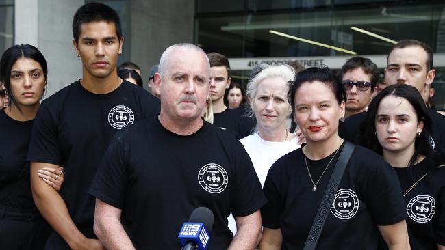 The Payne family talk to the media at the Brisbane District Court after Lynden Joshua Roby was sentenced to three years’ jail for causing the death of their son Harrison. Picture: NCA NewsWire/Tertius Pickard