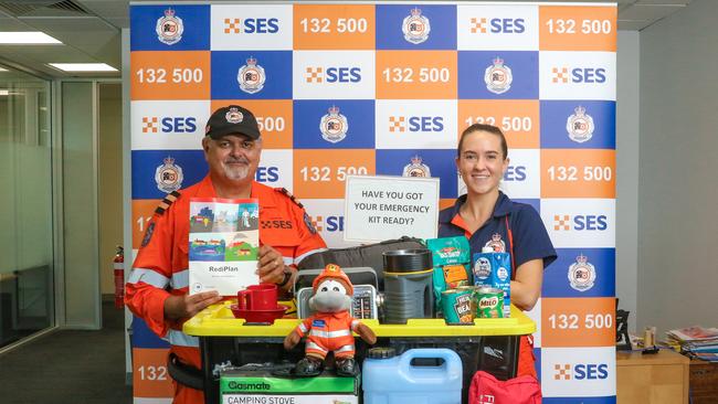 SES members Gemma Bellinger and David Hawkes encouraging Territorians to get their Cyclone Kits sorted. Picture: Glenn Campbell