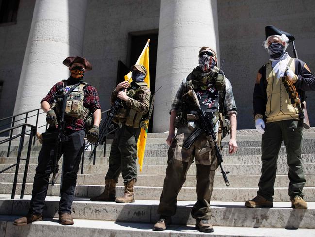 A local militia group is seen at a rally to protest the stay-at-home order amid the coronavirus pandemic in Columbus, Ohio, April 20, 2020. Picture: Josh Edelson/AFP