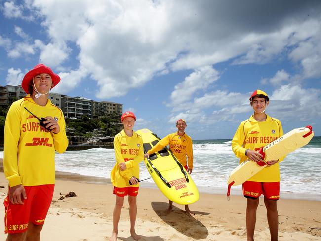 Sam Atkins, 17, from Brunswick SLSC, pictured at Queenscliff beach and with other members of Queenscliff SLSC: Logan Kaye, Nick Warby and Leho Stensland.