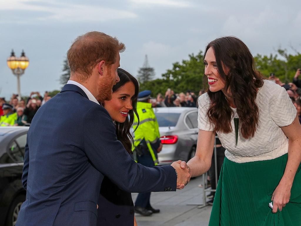 The Duke and Duchess of Sussex greet Jacinda Ardern during their 2018 visit to New Zealand. Picture: AAP Image/David Rowland