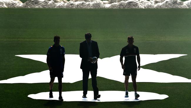 Shaun Atley, Gillon McLachlan and Jack Billings launch AFLX. Picture: AAP