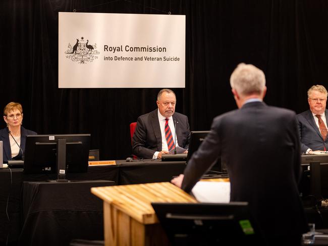 Commissioners Nick Kaldas, Dr Peggy Brown and James Douglas QC, with Senior Counsel Assisting Kevin Connor SC, during the Royal Commission into Defence and Veteran Suicide.