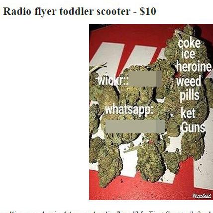 A range of drugs for sale under an ad for a toddler’s scooter. Picture: Craigslist