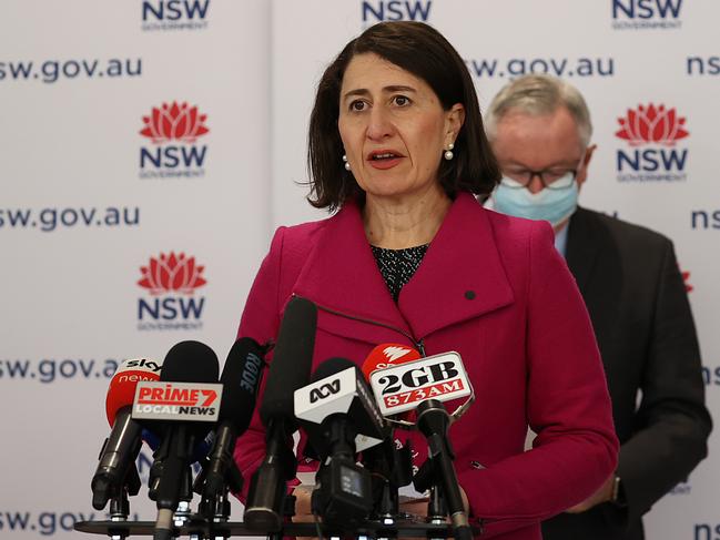 Premier Gladys Berejiklian speaks to reporters today. Picture: NCA NewsWire / Dylan Coker