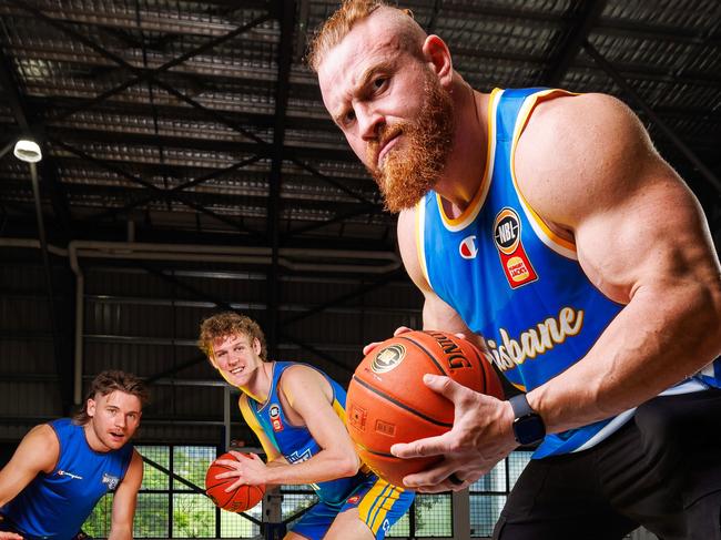 AEW pro wrestler Buddy Matthews with Isaac White and Rocco Zikarsky from the Brisbane Bullets pictured in South Brisbane, Brisbane 3rd December 2024.  (Image/Josh Woning)