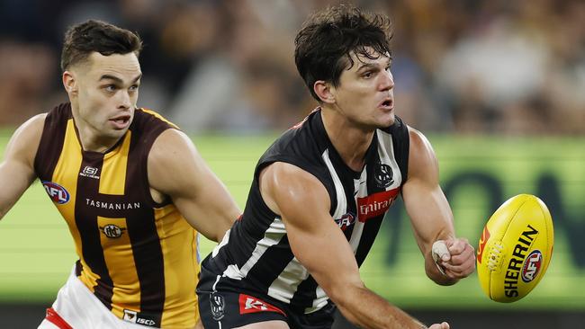 Collingwood forward Lachie Schultz could spend up to six weeks on the sidelines after suffering a second tear to his right hamstring this season against Hawthorn. Picture: Michael Klein