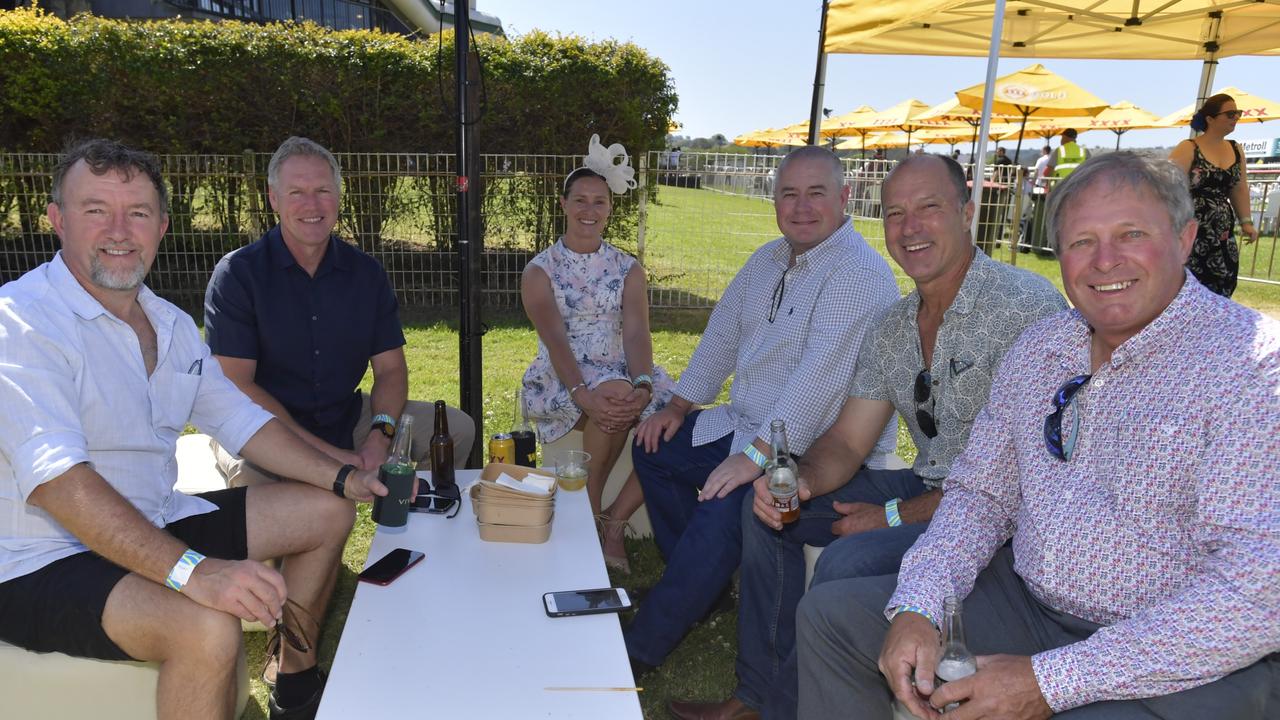 Enjoying the Lismore Cup on Thursday are Ken Clark, Jim Barnes, Bradley Apps, Donna and Simon Stahl and Kevin Franey.