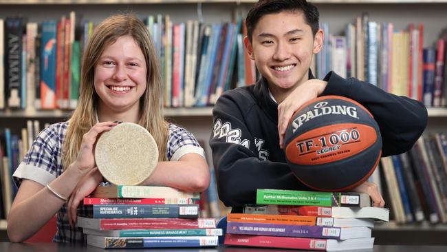 VCE story. Two students from Maribynong College, Yasmine Gousas 18 who is interested in archaeology and Winton Lou 18 who is into basketball umpiring hitting the text books ready for VCE exams.                   Picture: David Caird