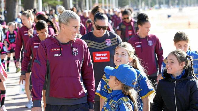 Queensland captain Ali Brigginshaw enjoys meeting young players during one of her many fan days. Picture: Jason McCawley