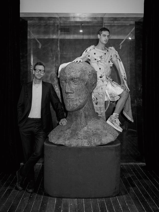 Pictured with designer Jordan Gogos at the CZ Salon with his mothers In Memoriam II (1981) by Dame Elisabeth Frink. Picture: Nic Walker