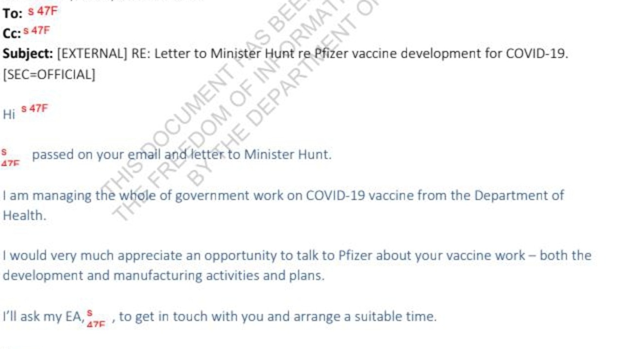 A health department official, agreed to meet with Pfizer, not the Health Minister Greg Hunt as was requested. Picture: Supplied via NCA NewsWire