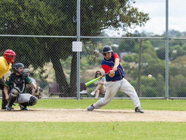 Brent Vanderneut hits for Toowoomba Rangers against Pine Rivers in GBL division four baseball at Commonwealth Oval, Sunday, February 28, 2021. Picture: Kevin Farmer