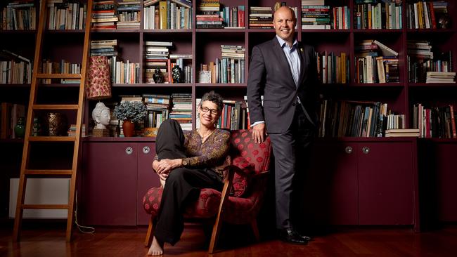 Deborah Conway and Josh Frydenberg at Ms Conway’s home in Melbourne this week. Picture: Louis Trerise