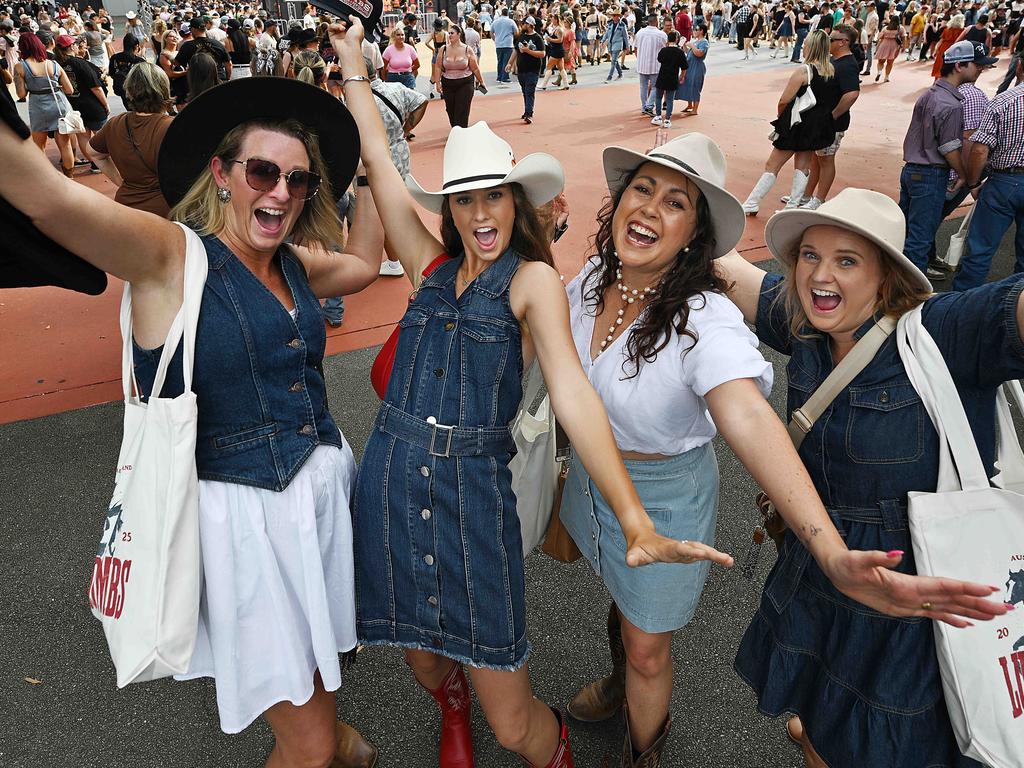 Corrine Baker, Charlotte Baker, Dee Cubis and Kristie Merritt ahead of the Luke Combs concert. Picture: Lyndon Mechielsen/Courier Mail