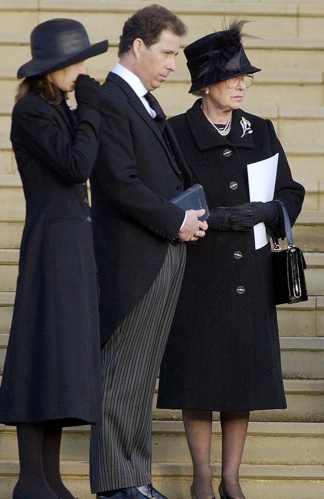 Queen Elizabeth with Viscount Linley and Sarah Chatto watch as the coffin of Princess Margaret leaves St George's Chapel in Windsor Castle on February 15, 2002. Picture: AFP