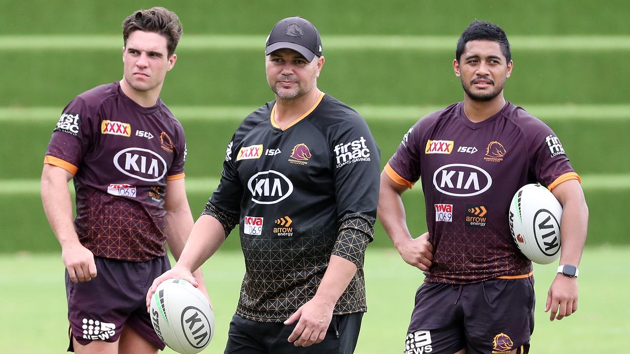 Brodie Croft, Broncos coach Anthony Seibold and Anthony Milford.