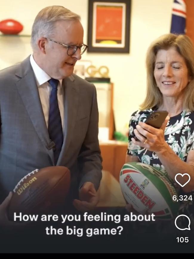 Prime Minister Anthony Albanese with US Ambassador to Australia Caroline Kennedy on the phone to NFL star Jordan Mailata earlier this year. Photo - Instagram.