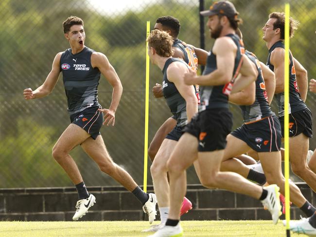 Fonti leads the way during pre-season drills. Picture: Phil Hillyard