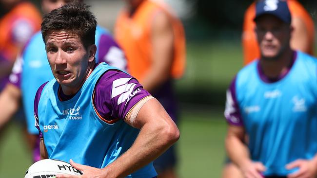 Cooper Johns at a Melbourne Storm training session at Gosch's Paddock. Johns is on track to make his NRL debut this season.