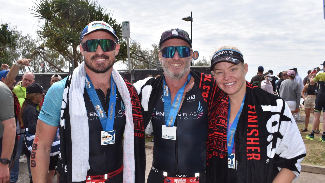 Energy Lab Tri Club - Tim Guinea, Ian Jones and Heather Brennan at the Sunshine Coast Ironman 70.3 at Mooloolaba 2022.