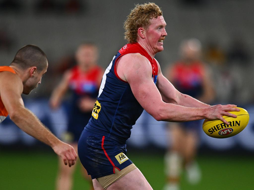 Clayton Oliver hit back on Saturday night. Picture: Morgan Hancock/AFL Photos