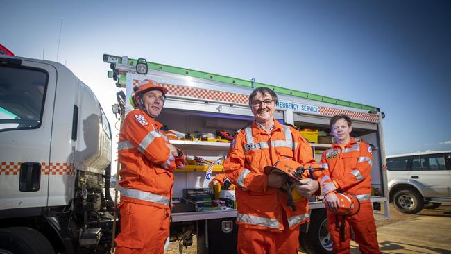 Brighton SES members (L-R) Danny Pross, Peter Geard and Ryon (correct) Smith. Picture: LUKE BOWDEN