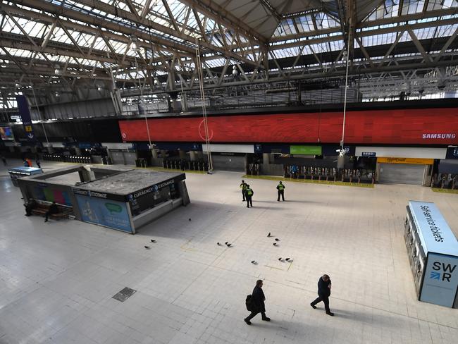 One of London’s busiest transport hubs, Waterloo Station, is virtually deserted as the UK remains in lockdown. Picture: Getty Images