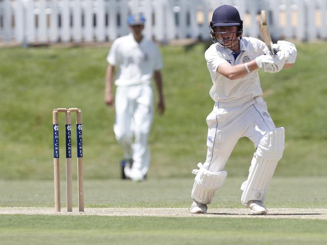 Hayden Brough of Nudgee College plays a shot during Round 1 of the GPS First XI cricket match against Churchies at the Ross Oval in Nudgee College, Boondall, Brisbane, Saturday, February 1, 2020. (AAP Image/Regi Varghese)