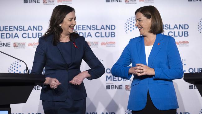 Queensland Premier Annastasia Palaszczuk and Queensland opposition leader Deb Frecklington bump elbows at the Leaders Debate. Picture: NCA NewsWire / Sarah Marshall