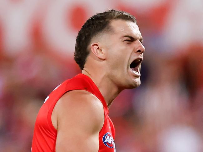 SYDNEY, AUSTRALIA - SEPTEMBER 20: Tom Papley of the Swans celebrates a goal during the 2024 AFL First Preliminary Final match between the Sydney Swans and the Port Adelaide Power at The Sydney Cricket Ground on September 20, 2024 in Sydney, Australia. (Photo by Dylan Burns/AFL Photos via Getty Images)