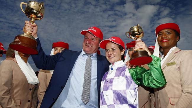 Darren Weir with Michelle Payne after Prince Of Penzance’s 2015 Melbourne Cup triumph. Picture: Colleen Petch