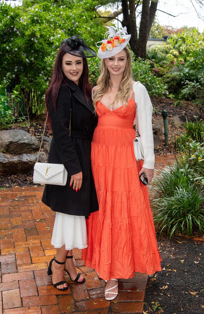 (From left) Mikayla McCormack and Emily Sanson. Weetwood Raceday at Toowoomba Turf Club. Saturday, September 28, 2024. Picture: Nev Madsen.