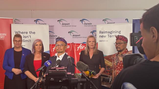 NT Government ministers Marie-Clare Boothby and Robyn Cahill beside AirAsia Indonesia head of policy Eddy Krismeidi, ADG general manager Sandra de Kock and pilot Captain Akhmad Mauzana.