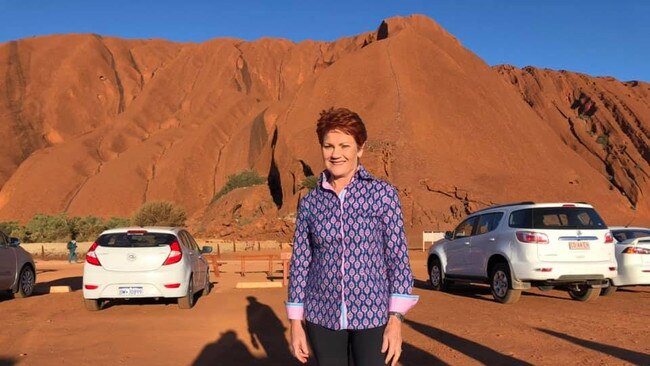 Pauline Hanson at Uluru. The senator claimed she was granted permission to climb the sacred site. Picture: Facebook