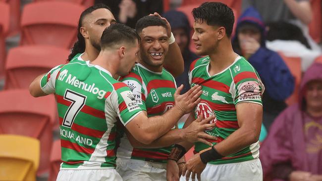 BRISBANE, AUSTRALIA - MAY 14: Taane Milne of the Rabbitohs   celebrates a try during the round 10 NRL match between the New Zealand Warriors and the South Sydney Rabbitohs at Suncorp Stadium, on May 14, 2022, in Brisbane, Australia. (Photo by Chris Hyde/Getty Images)