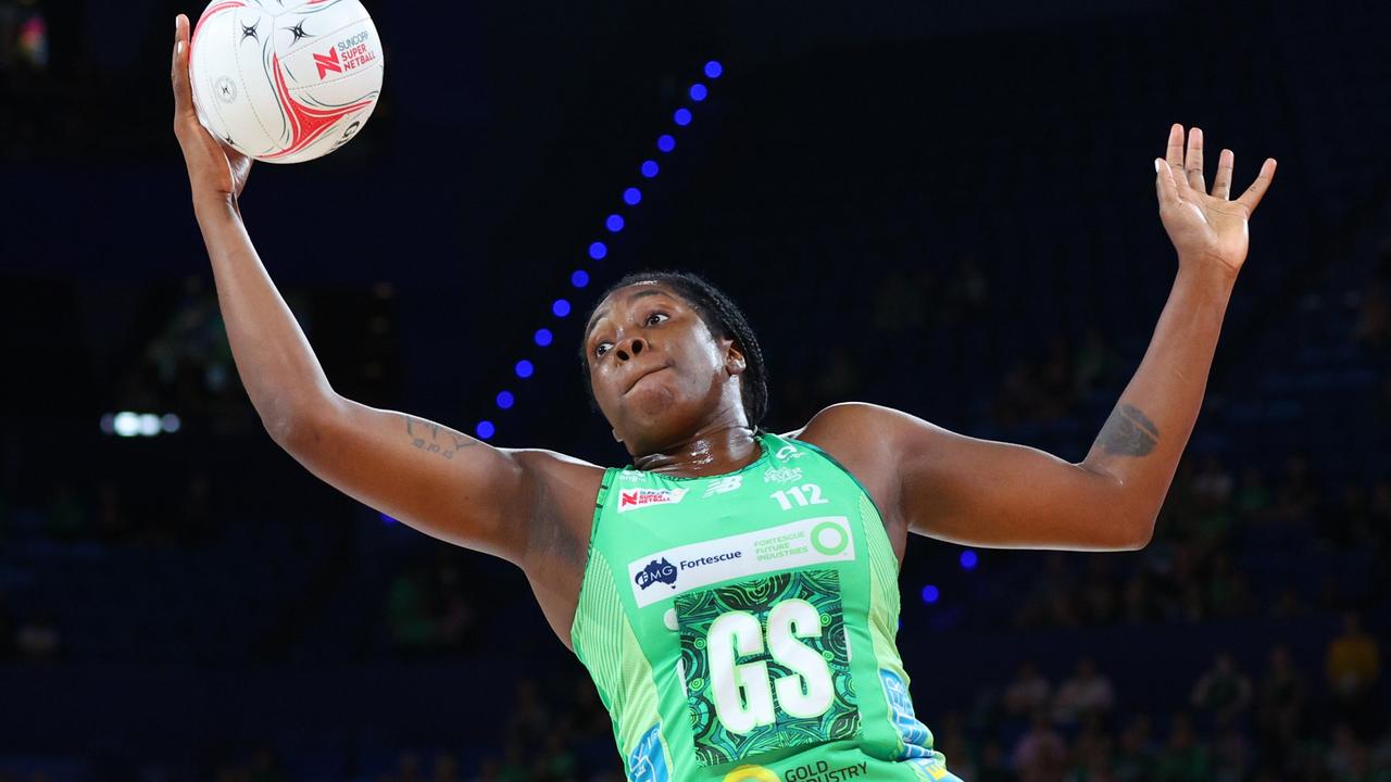 Jhaniele Fowler in action against the Melbourne Vixens where she was named player of the match. Picture: Getty Images