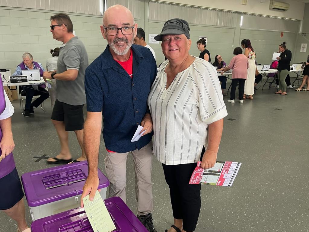 Labor candidate for Dawson Neil Wallace voting at a pre-polling booth with his wife Joanne in the 2025 federal election.