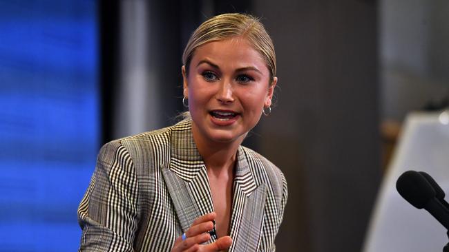 Grace Tame speaks at the National Press Club in Canberra. Picture: Getty