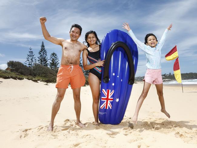 Pictured at South Curl Curl Beach in Sydney is Sid with his kids Shruti and Aditi ahead of 2025 Australia Day. Picture: Richard Dobson