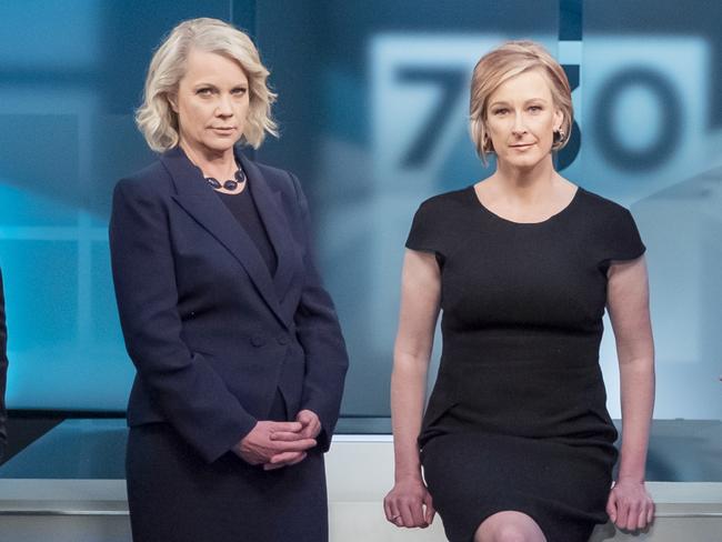 Laura Tingle and Leigh Sales on the set of ABC's 730.