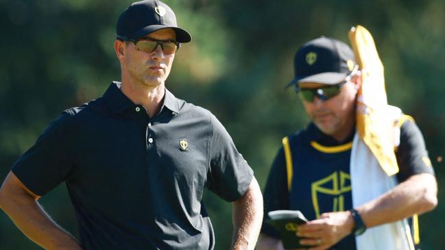 MONTREAL, QUEBEC - SEPTEMBER 29: Adam Scott of Australia and the International Team looks on during Sunday Singles on day four of the 2024 Presidents Cup at The Royal Montreal Golf Club on September 29, 2024 in Montreal, Quebec, Canada.   Vaughn Ridley/Getty Images/AFP (Photo by Vaughn Ridley / GETTY IMAGES NORTH AMERICA / Getty Images via AFP)