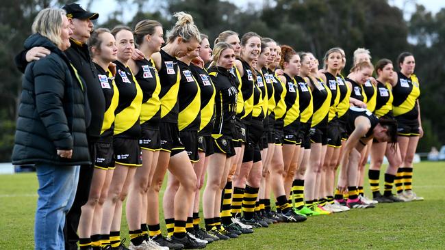 Kyneton players ready for the first RDFNL Women’s grand final in 2023. Picture: Josh Chadwick