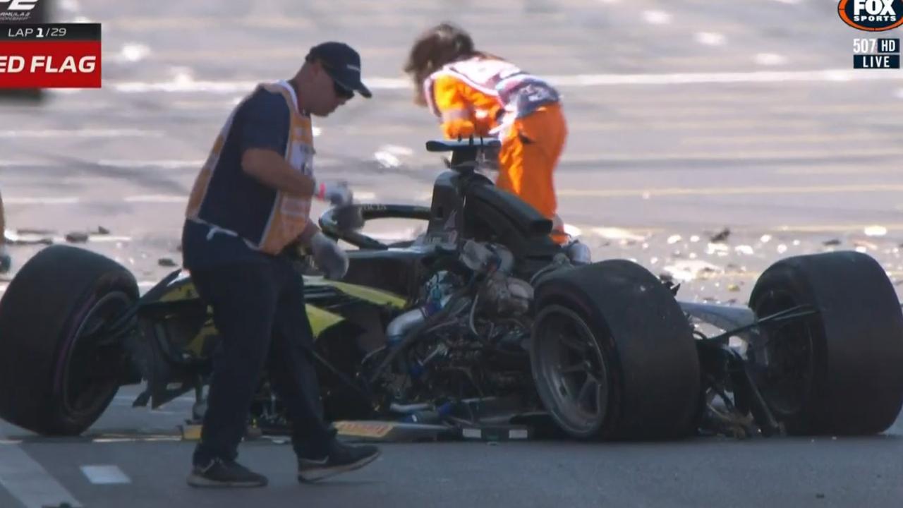 Maini's car was wrecked. Photo: Fox Sports