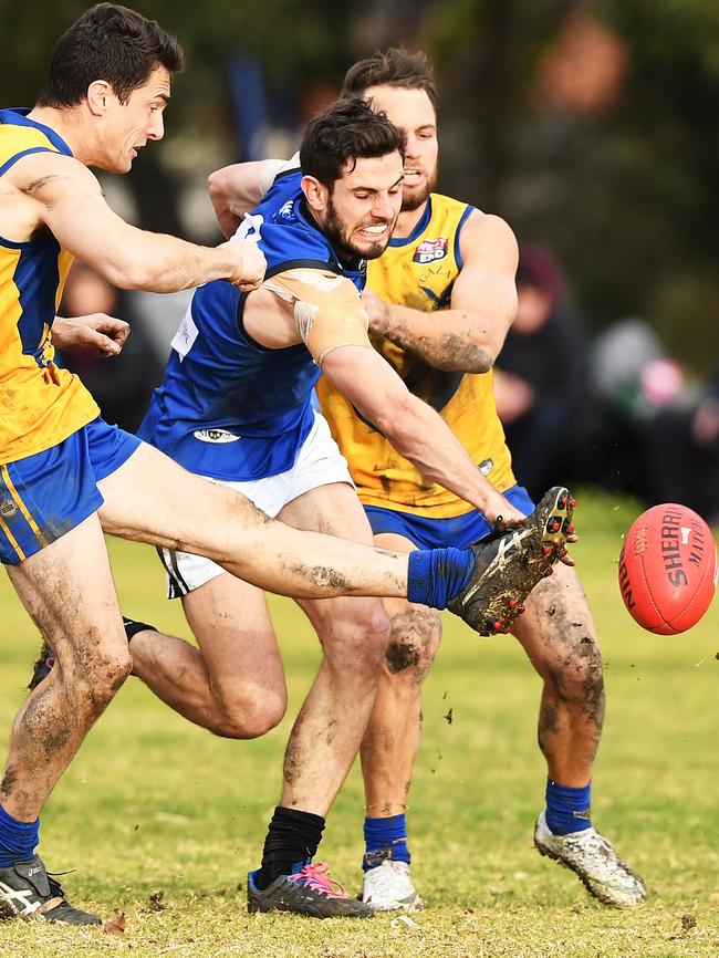 Gaza’s Chris Ranetti and Unley’s Luke Crocker in action last season. The Jets had a big win over the Eagles on Saturday. Picture: AAP/Mark Brake