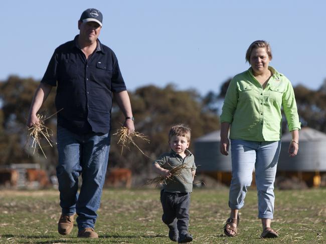 Bush summit family; Young farming family from Eudunda - he is fifth generation. Karl Zerner, wife Emily Buddle and toddler Charlie, 21 months. 10th August 2024. Picture: Brett Hartwig